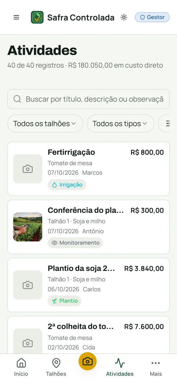 Lista de atividades no celular, com foto, talhão, data e custo de cada registro