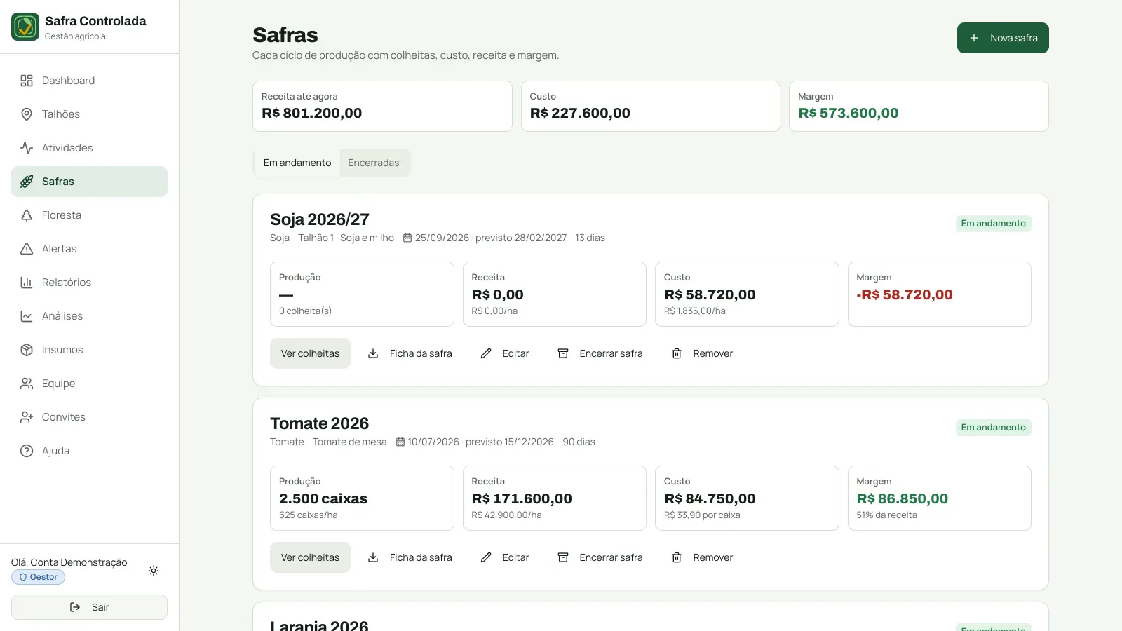 Tela Safras do Safra Controlada: produção, receita, custo e margem de cada safra